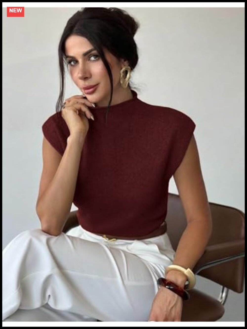 Wool Blend Mock Neck Sleeveless Sweater Pullover Women's Knit Summer Top - Picture 4 of 5